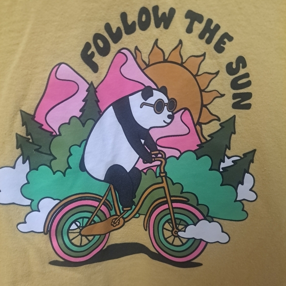 Old Navy “Follow The Sun” Panda Bike Graphic Tee Yellow Girls L (10/12) - Picture 2 of 4